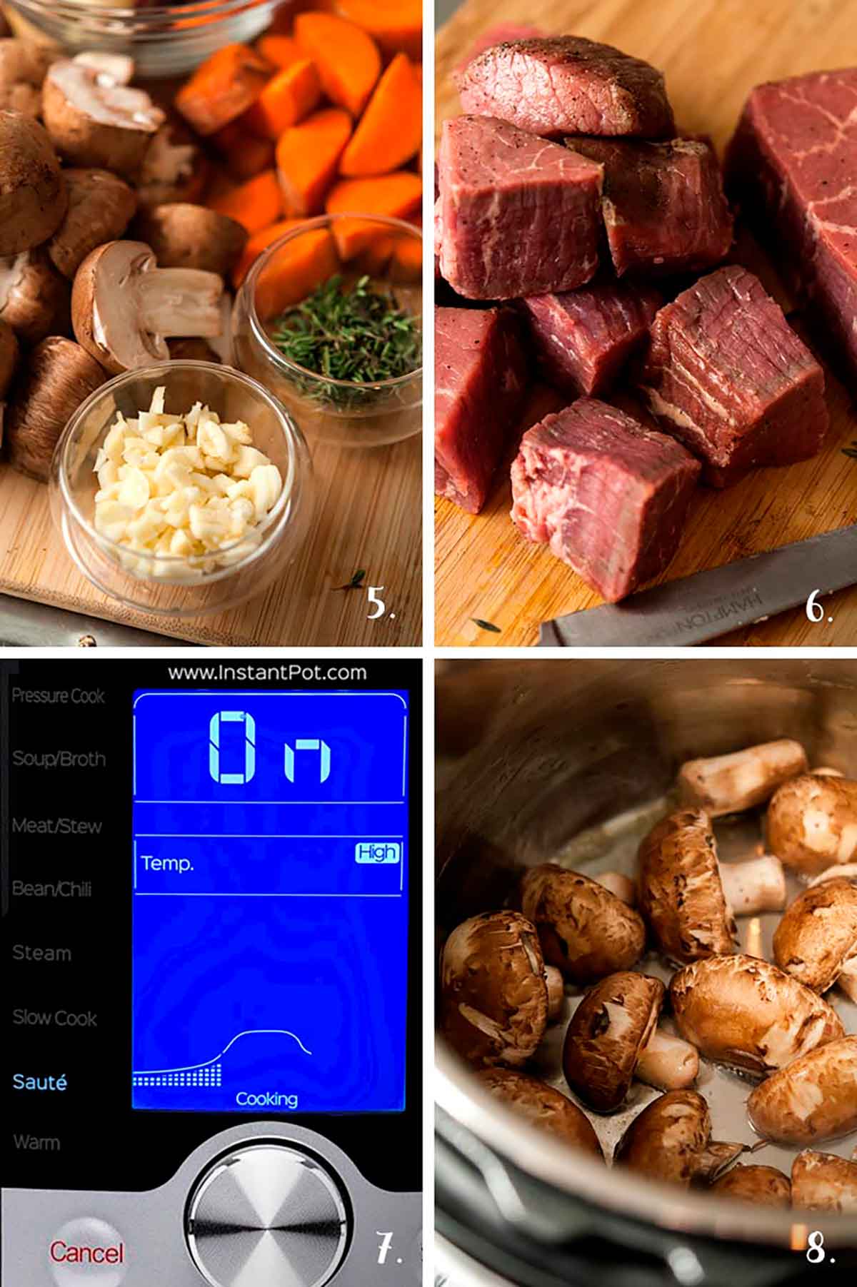 A collage of 4 numbered images showing minced garlic and thyme, cut meat, cooking mushrooms and Instant Pot directions.