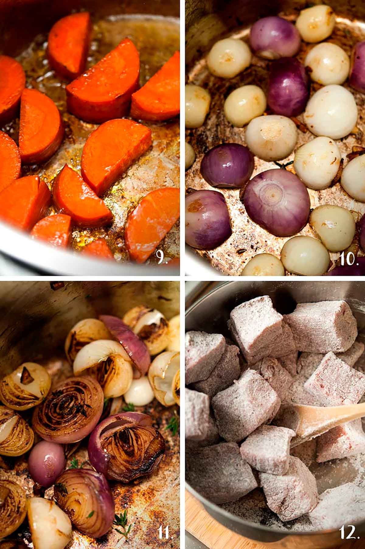 A collage of 4 numbered images showing of browning vegetables and coating meat in flour and spices.