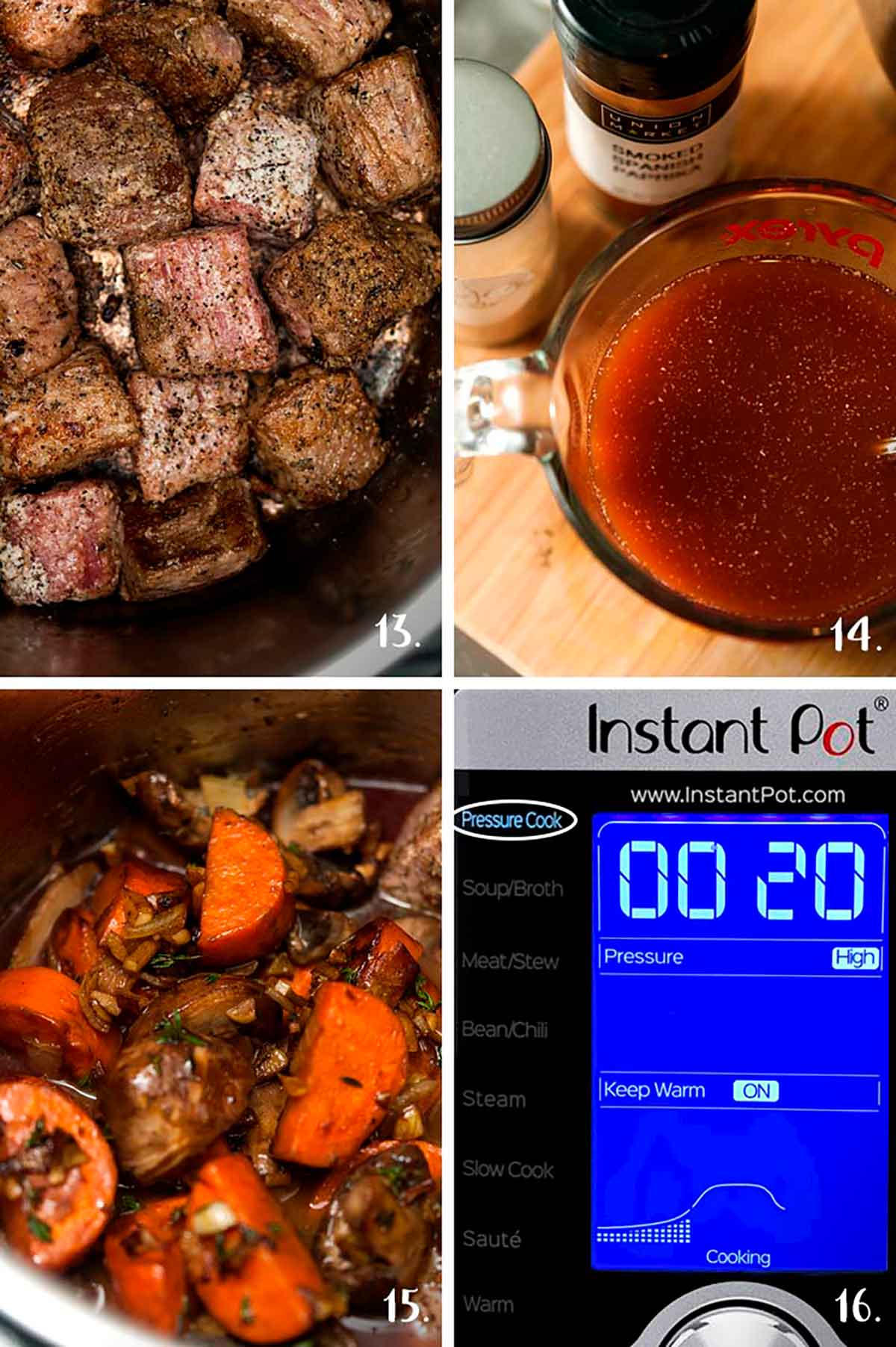 A collage of 4 numbered images showing browning meat and and vegetables in an Instant Pot.