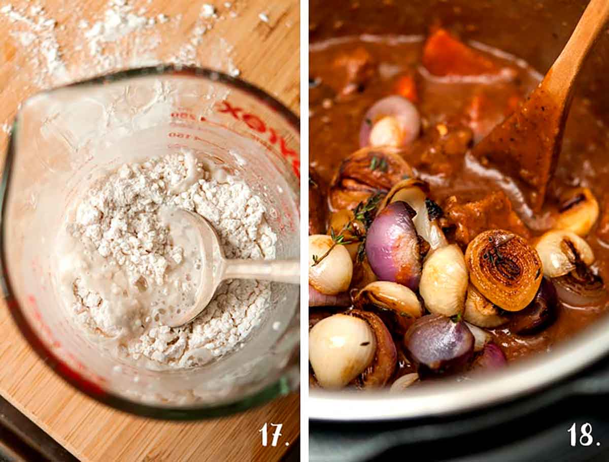 2 images. On the left, a measuring cup with a mix of flour and water. On the right, Beef Bourguignon in an Instant Pot.