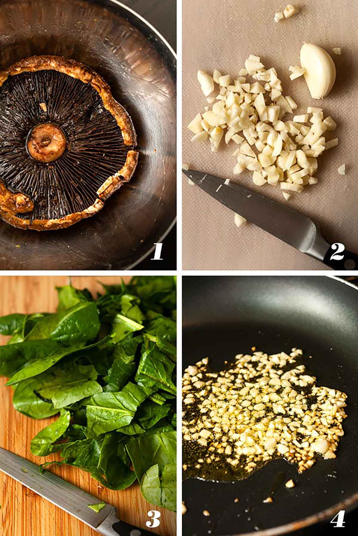 A collage of 4 numbered images showing how to make stuffed portobello mushrooms.