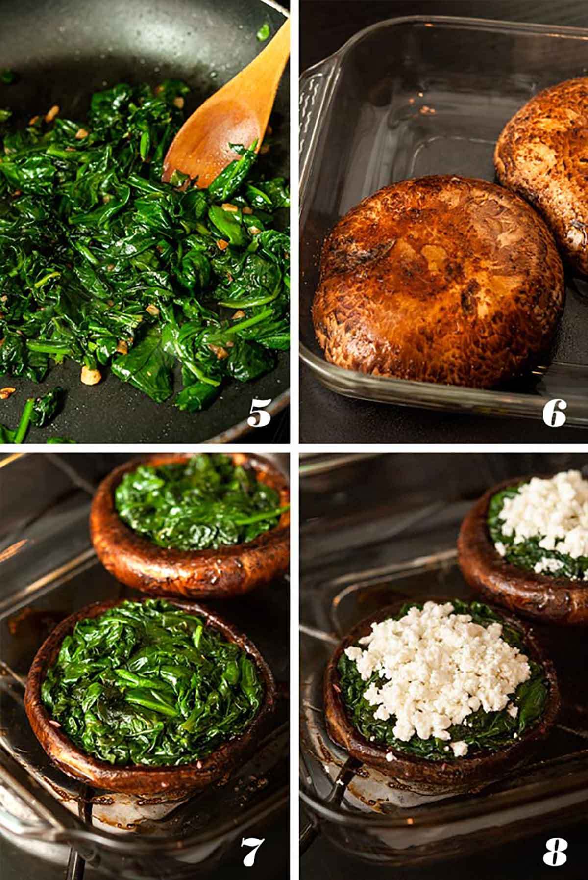 A collage of 4 numbered images showing how to make stuffed portobello mushrooms.