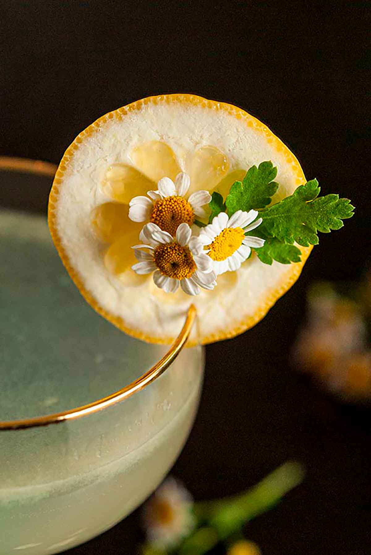 A lemon slice garnish, with daisies in the center, on the edge of a cocktail glass.