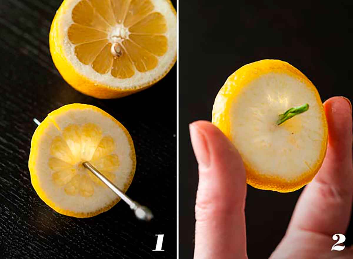 2 numbered images showing how to create a lemon garnish.
