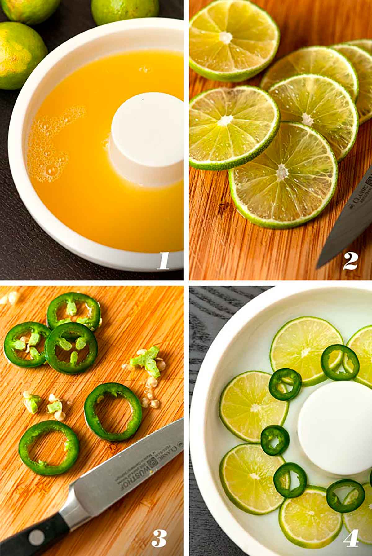 A collage of 4 numbered images showing how to make a pineapple juice ice ring with limes and jalapeños.