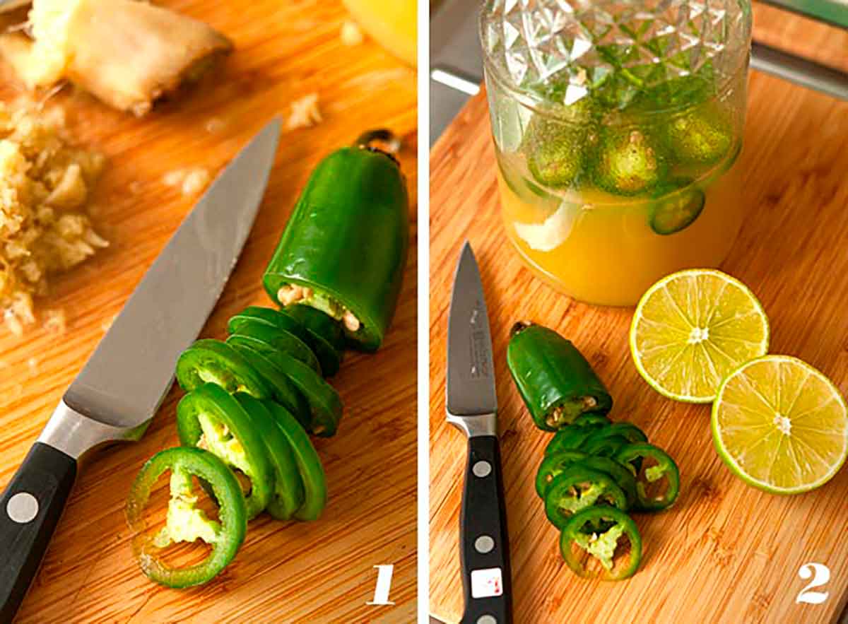 2 numbered images showing how to make jalapeño-ginger-lime-infused pineapple juice.