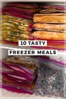 An image of freezer meals with a title that says "10 Tasty Freezer Meals."