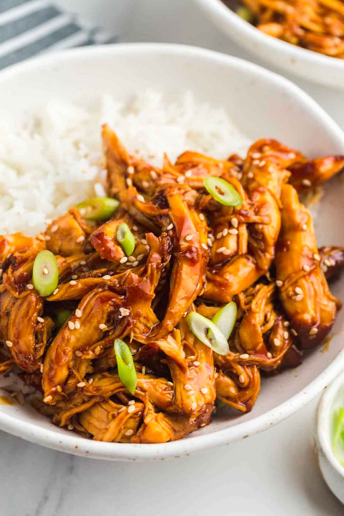 A bowl of teriyaki chicken in a bowl with white rice on a table.