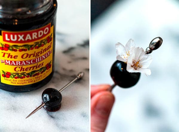 2 images showing how to make a cherry blossom garnish.