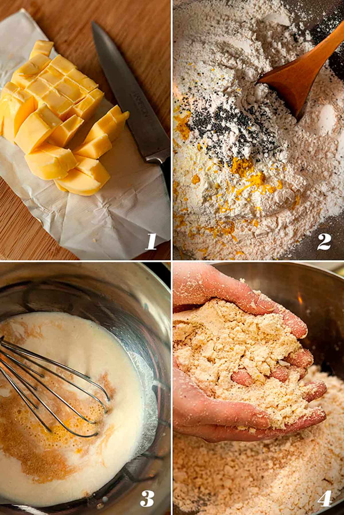 A collage of 4 numbered images showing how to make glazed raspberry lemon poppyseed scones.