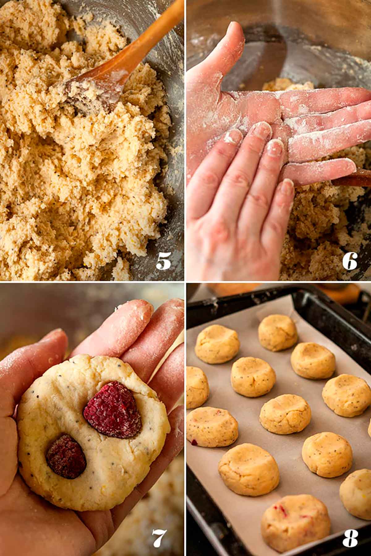 A collage of 4 numbered images showing how to make glazed raspberry lemon poppyseed scones.