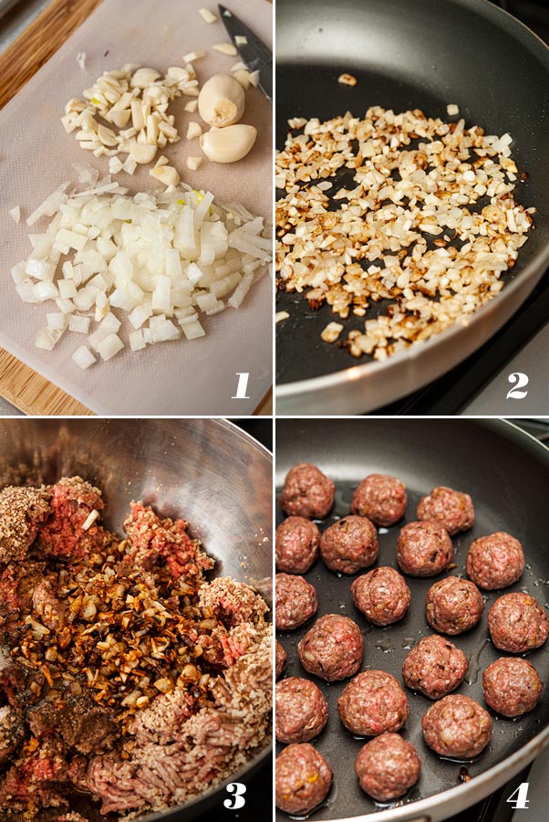 A collage of 4 numbered images showing how to prepare and cook Swedish meatballs.