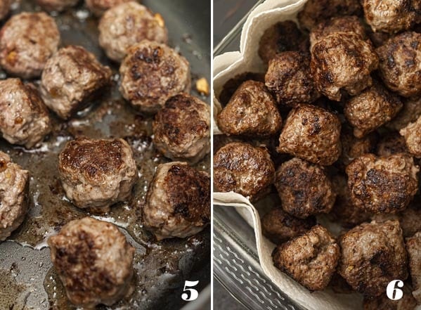 2 numbered images showing how to brown meatballs.
