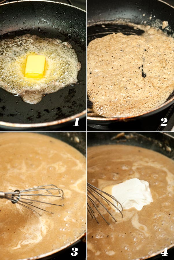 A collage of 4 numbered images showing how to make Swedish meatball gravy.