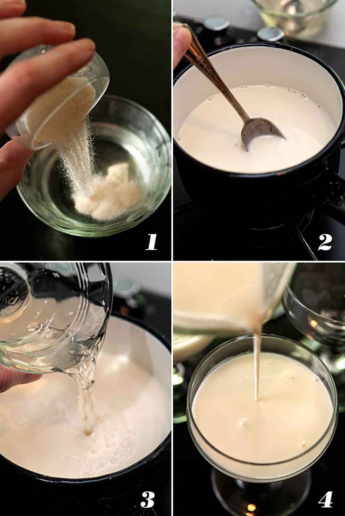 A collage of 4 numbered images showing how to make panna cotta.