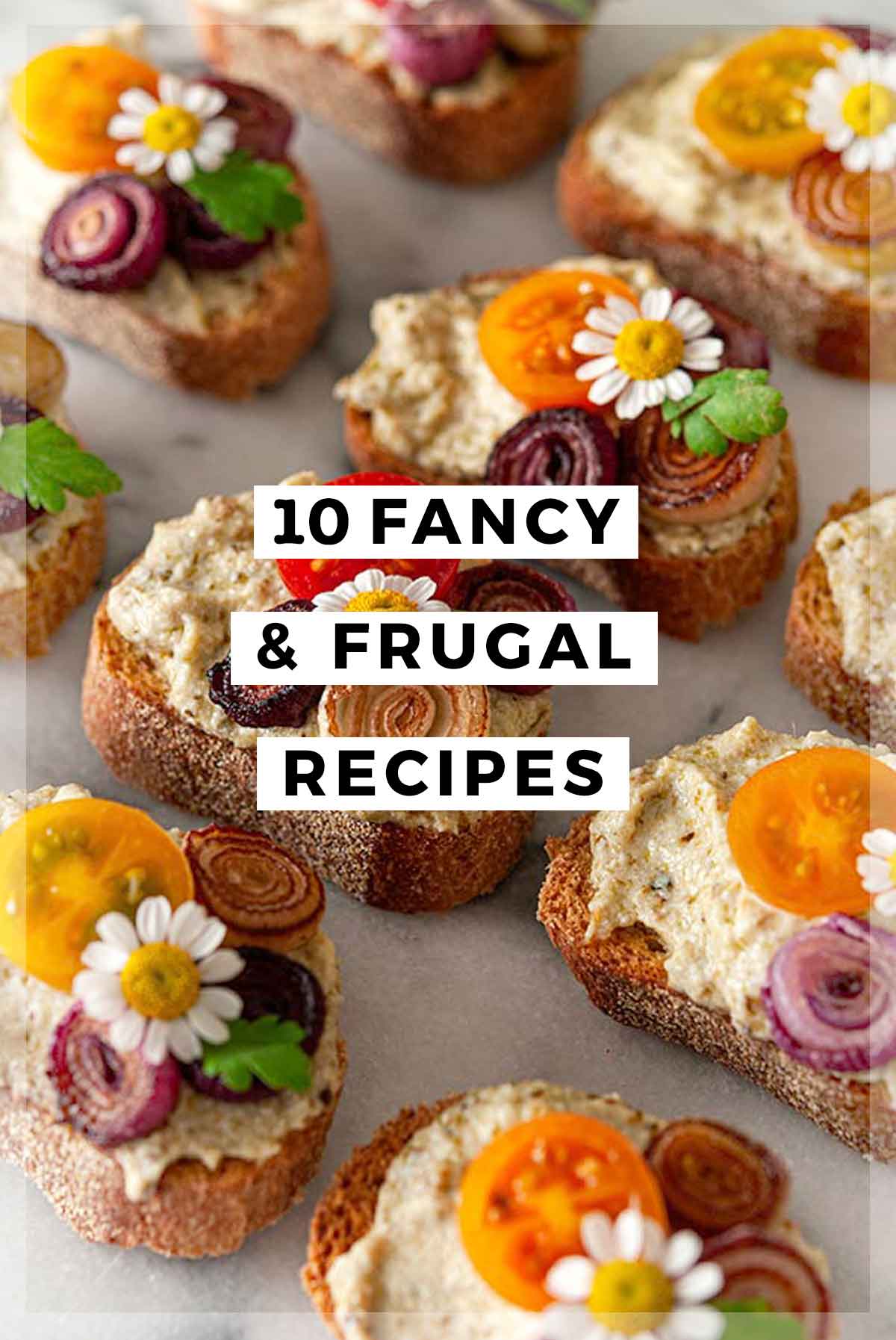 An image of ornately garnished appetizers and a title that says "10 Fancy & Frugal Recipes."