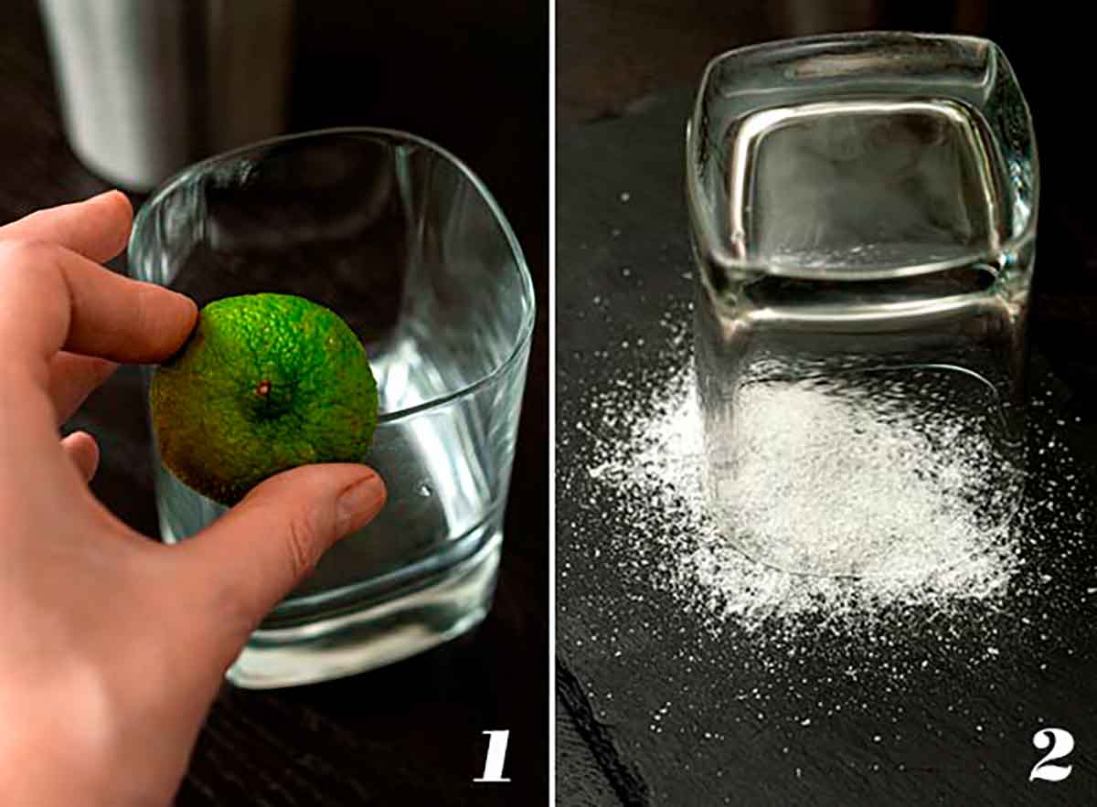 2 numbered images showing how to rim a glass with salt.