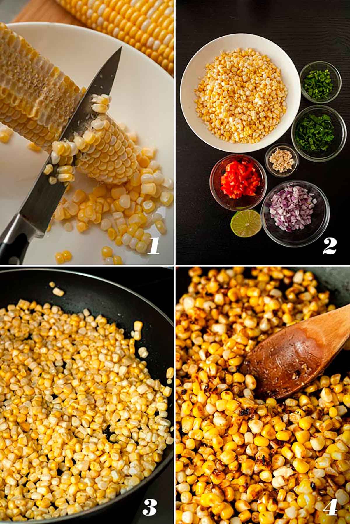 A collage of 4 numbered images showing how to make Mexican street corn salad.