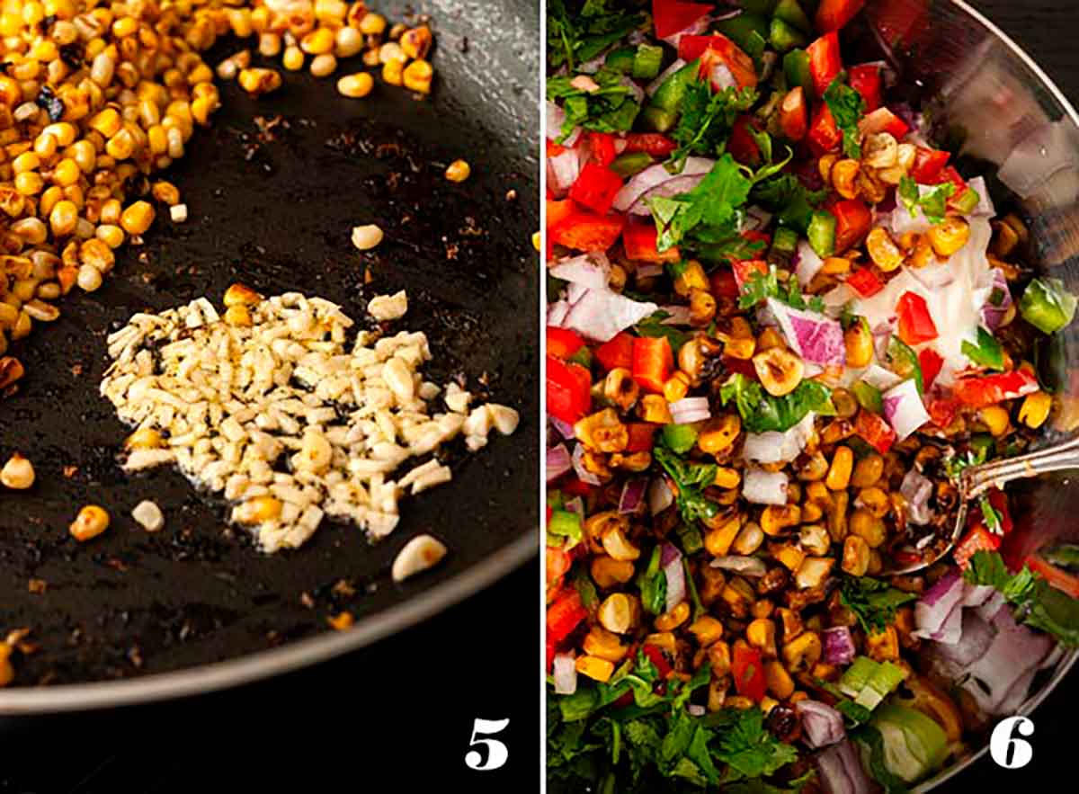 A collage of 4 numbered images showing how to mix Mexican street corn salad.