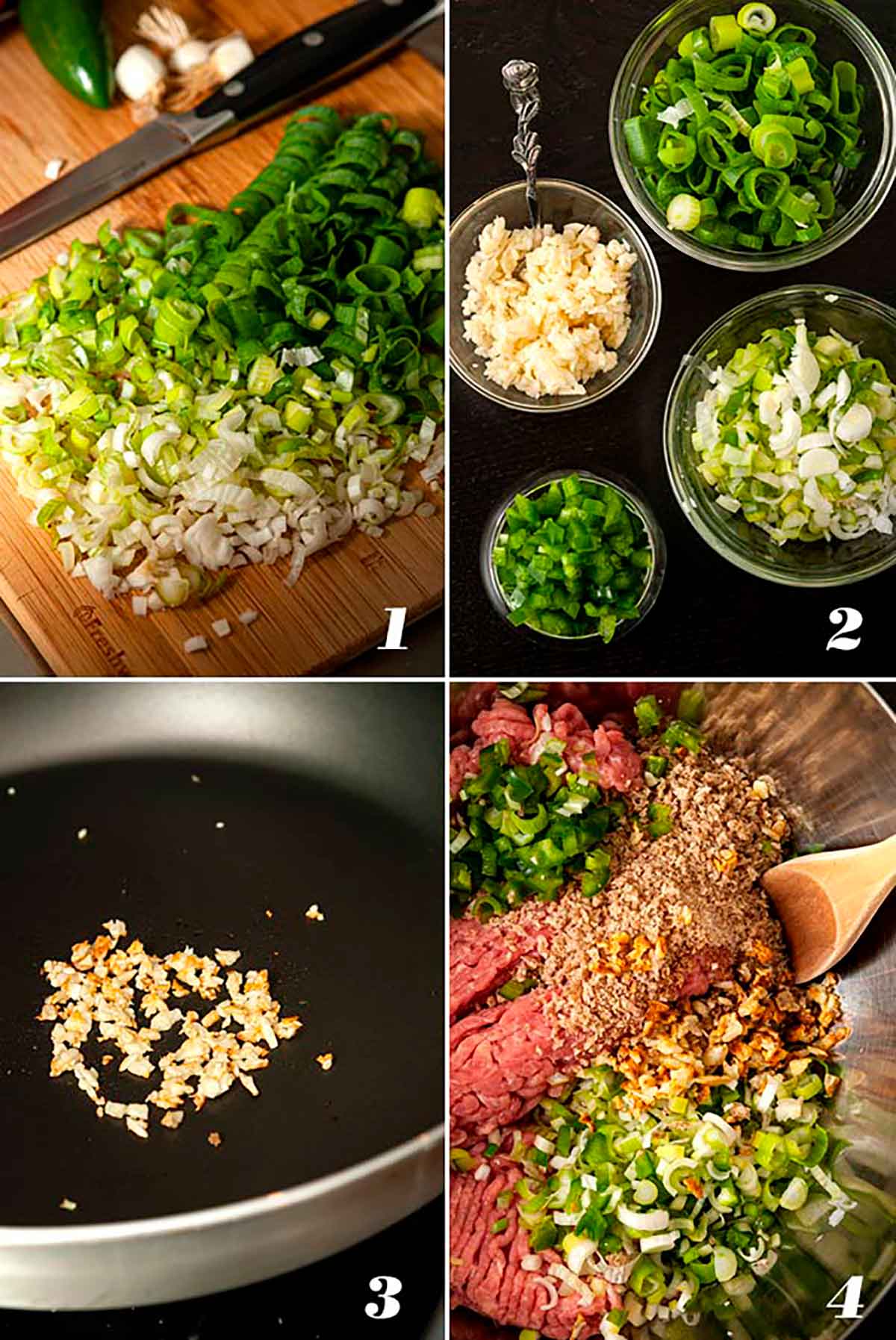 A collage of 4 numbered images showing how to make turkey meatballs.