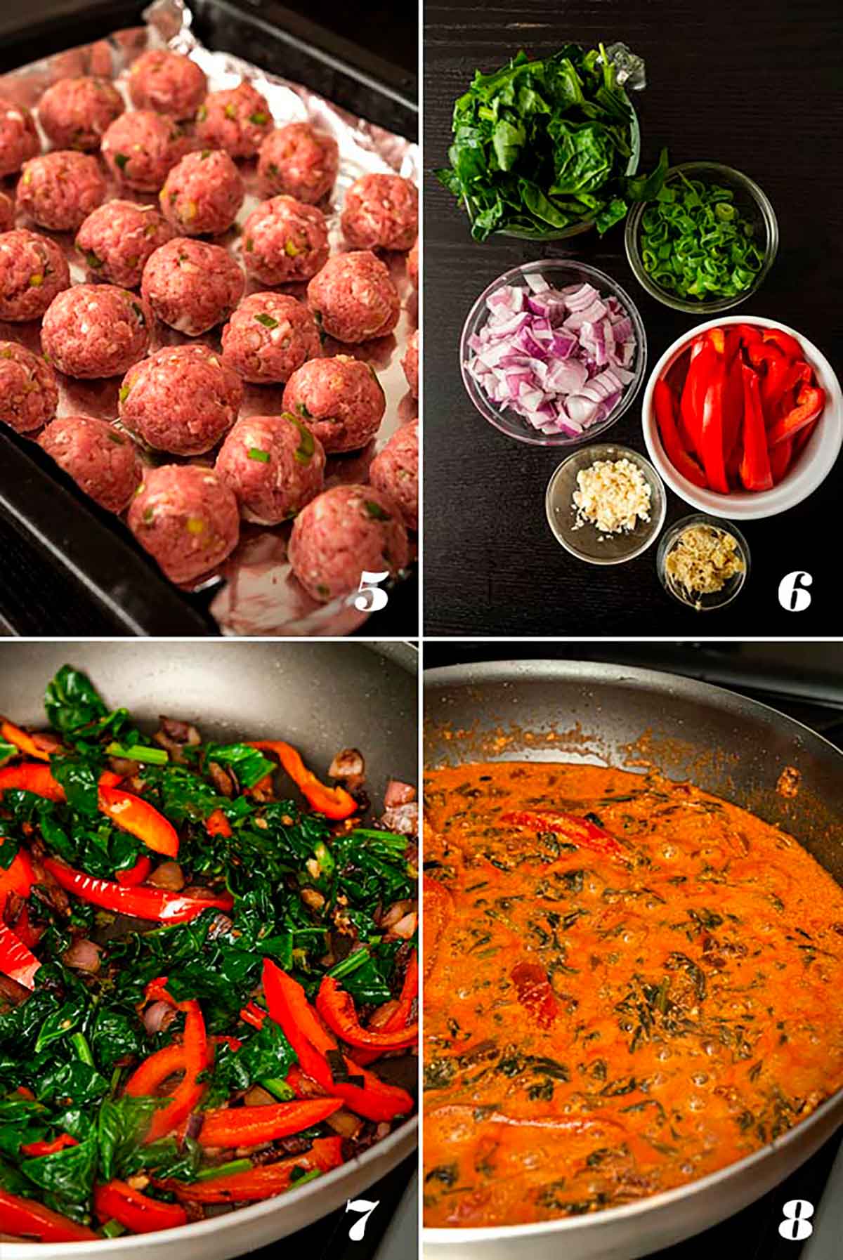 A collage of 4 numbered images showing how to make turkey meatballs and curry sauce.