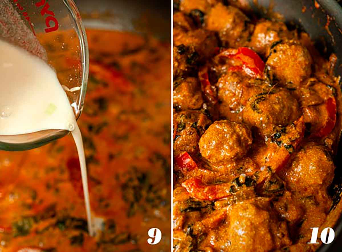 2 numbered images showing how to thicken curry sauce and add meatballs.