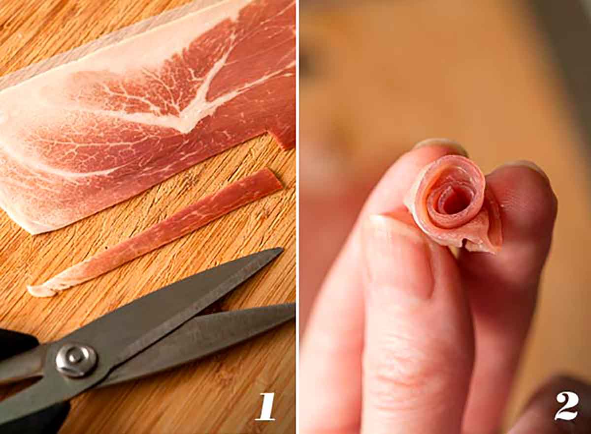 A collage of 2 images showing how to make a prosciutto rose.