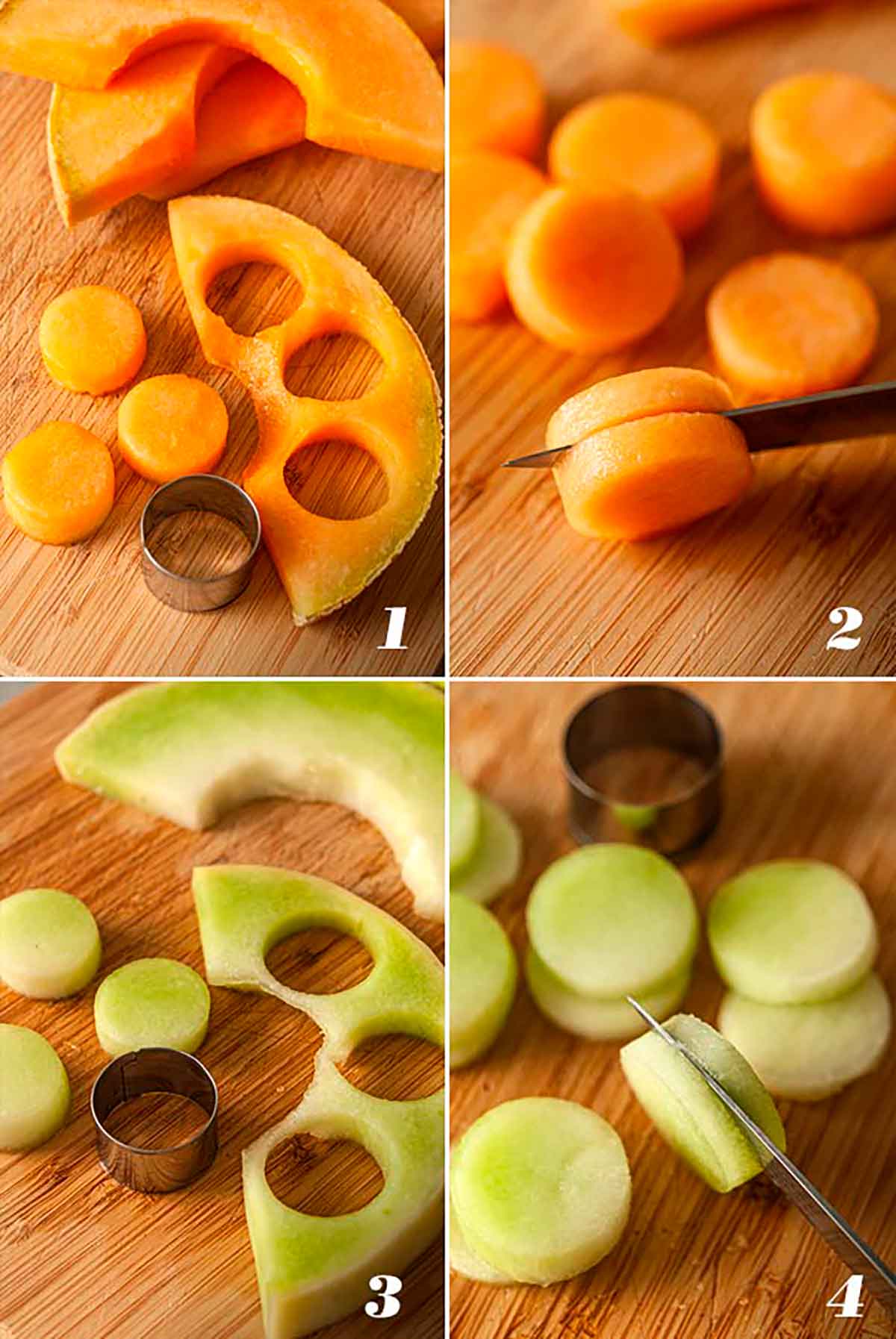 A collage of 4 images showing how to cut rounds out of melon.