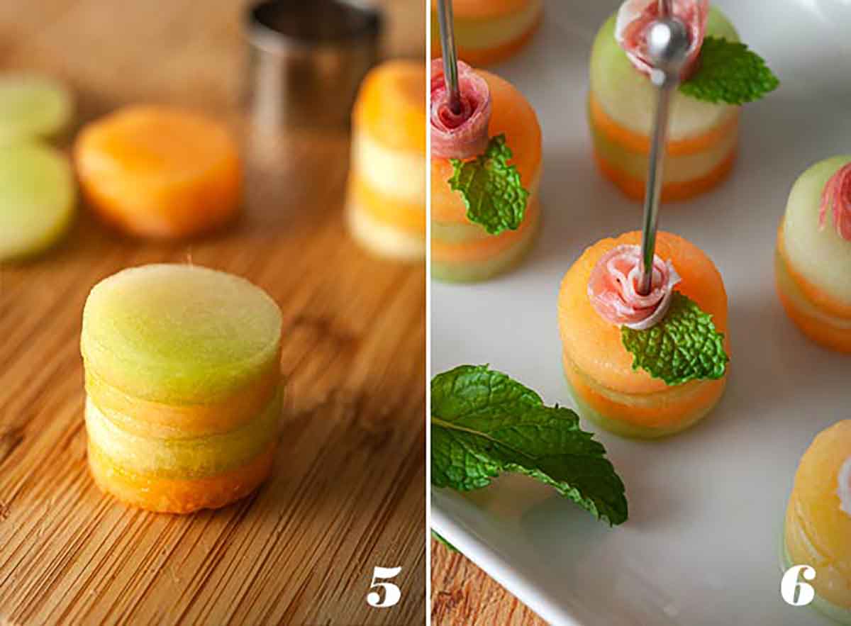 2 images showing how to stack melon slices and add prosciutto roses.