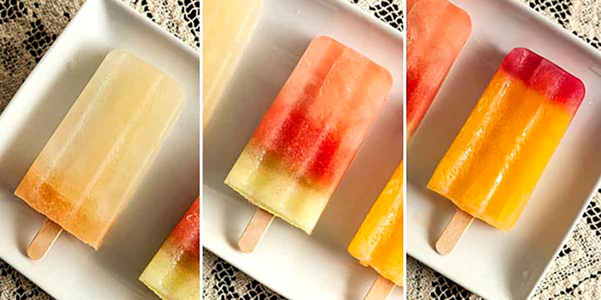 A collage of 3 images of different kinds of ice pops on a plate.