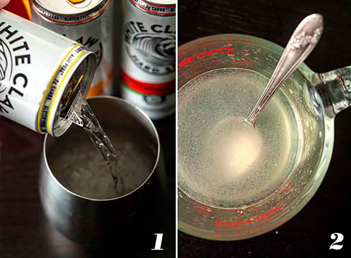2 numbered images showing how to flatten white claw and make lemon simple syrup.