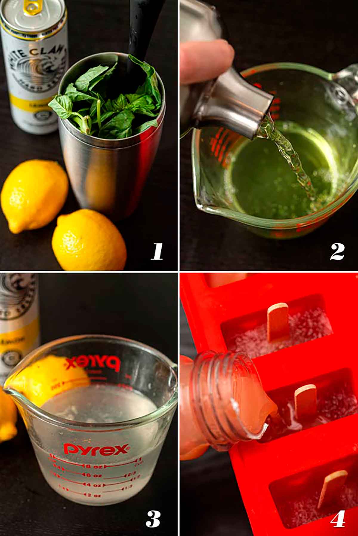 A collage of 4 numbered images showing how to make White Claw ice pops.