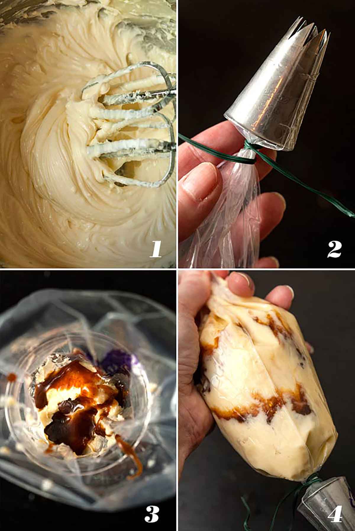 A collage of 4 images showing how to make caramel cream cheese frosting.