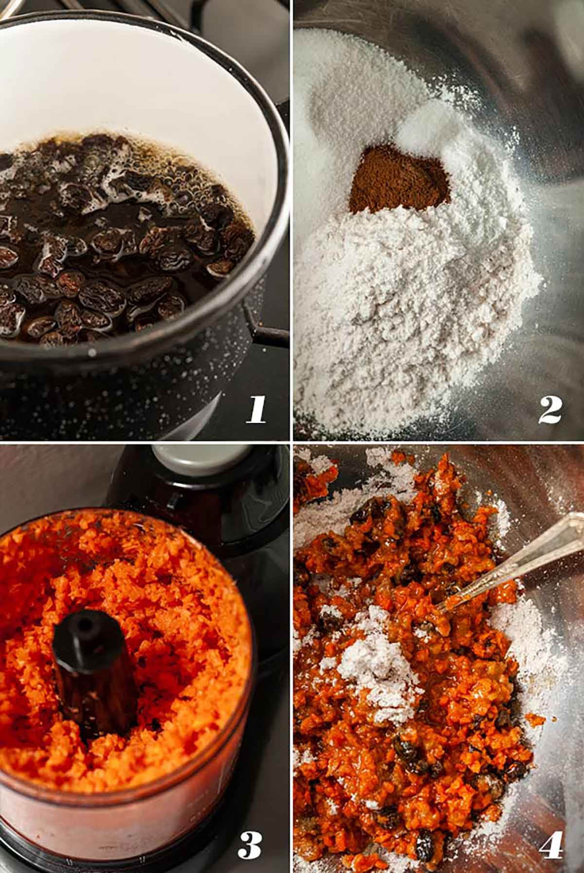 A collage of 4 images showing how to make whisky raisins and mixing carrot batter.