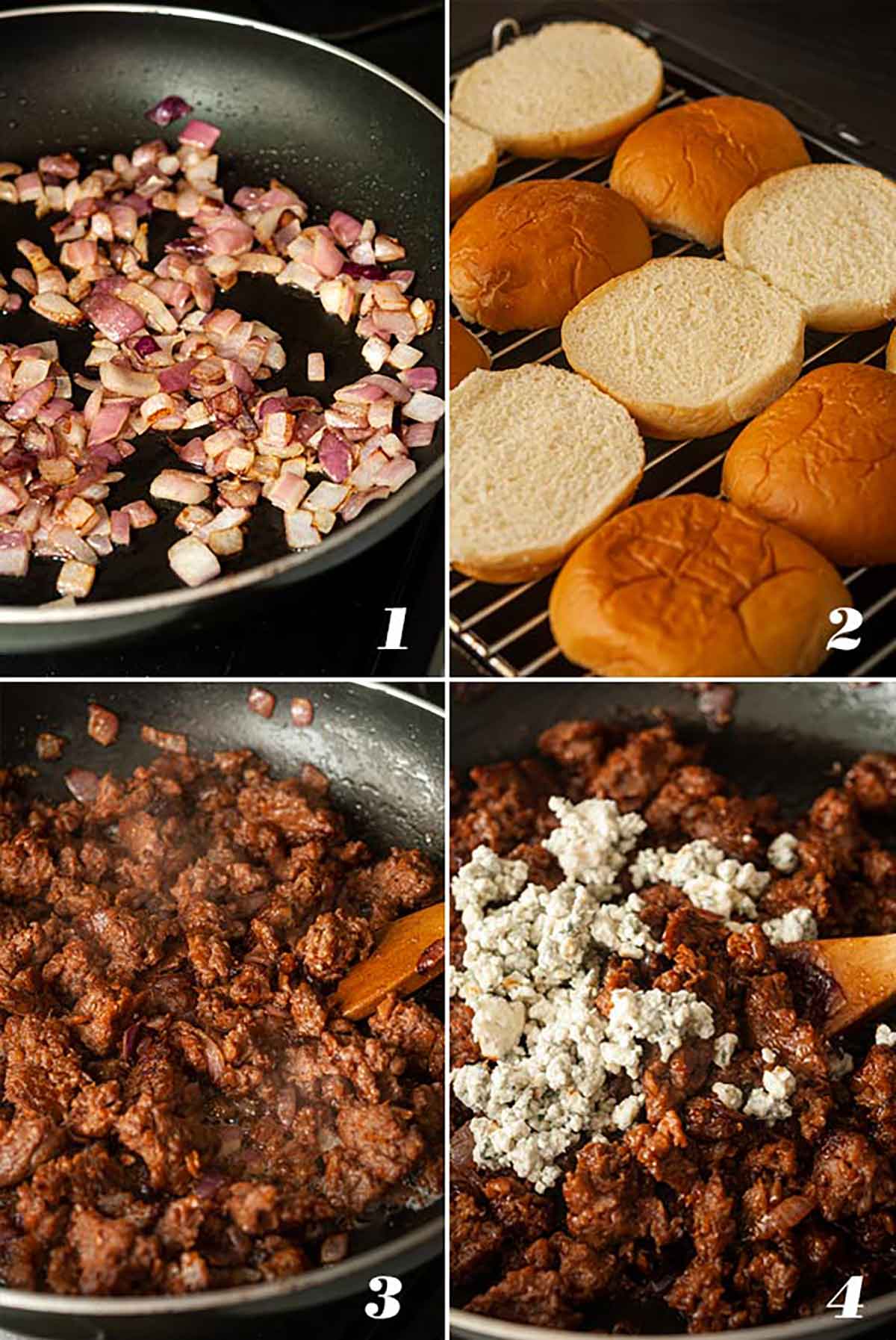 A collage of 4 numbered images showing how to prepare slider ingredients.