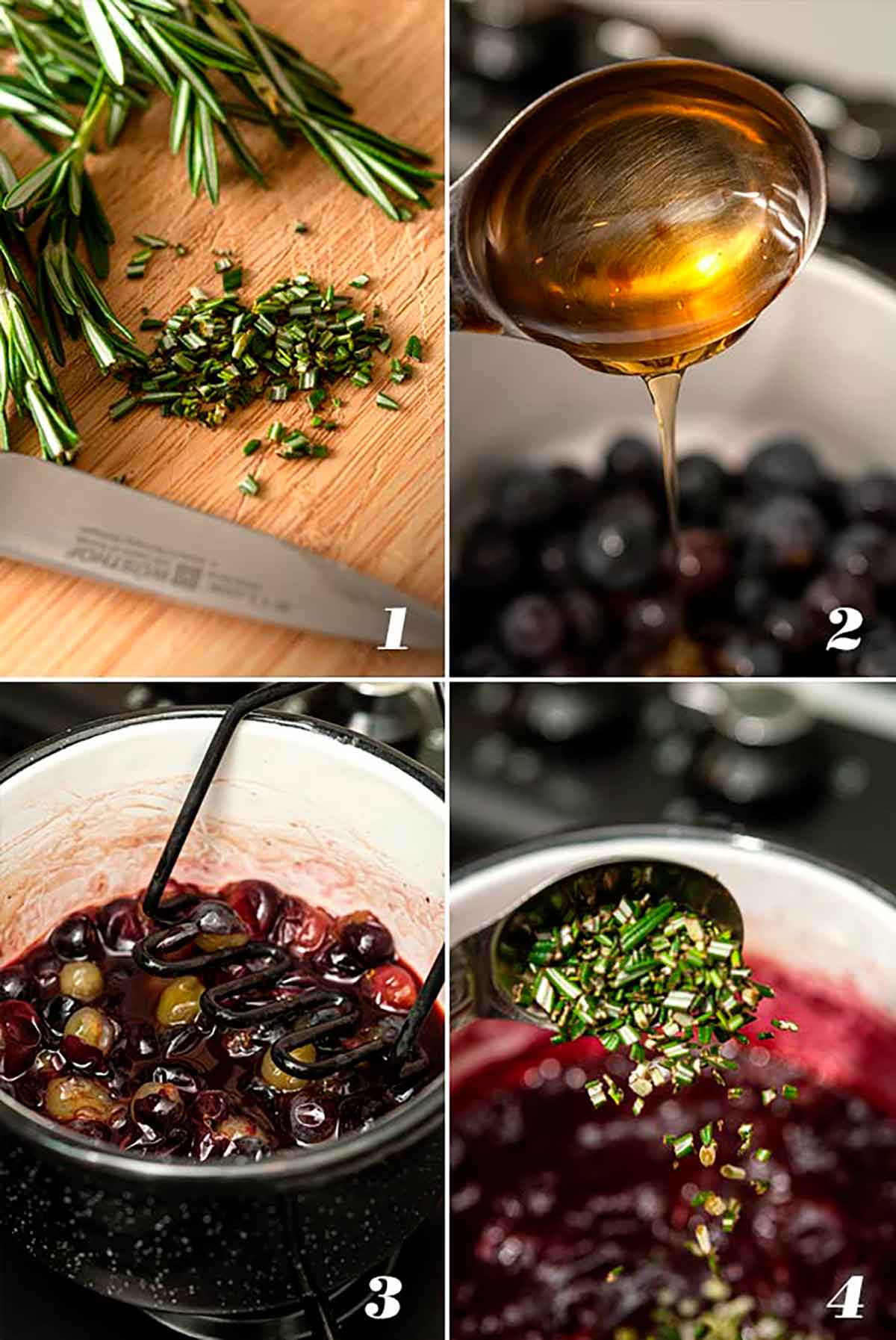 A collage of 4 images showing how to make concord grape reduction.