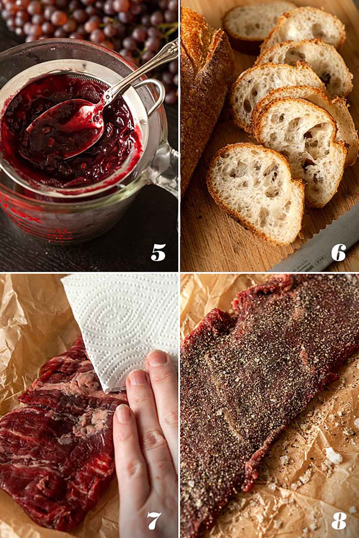 A collage of 4 images showing how to prepare ingredients for steak appetizers.