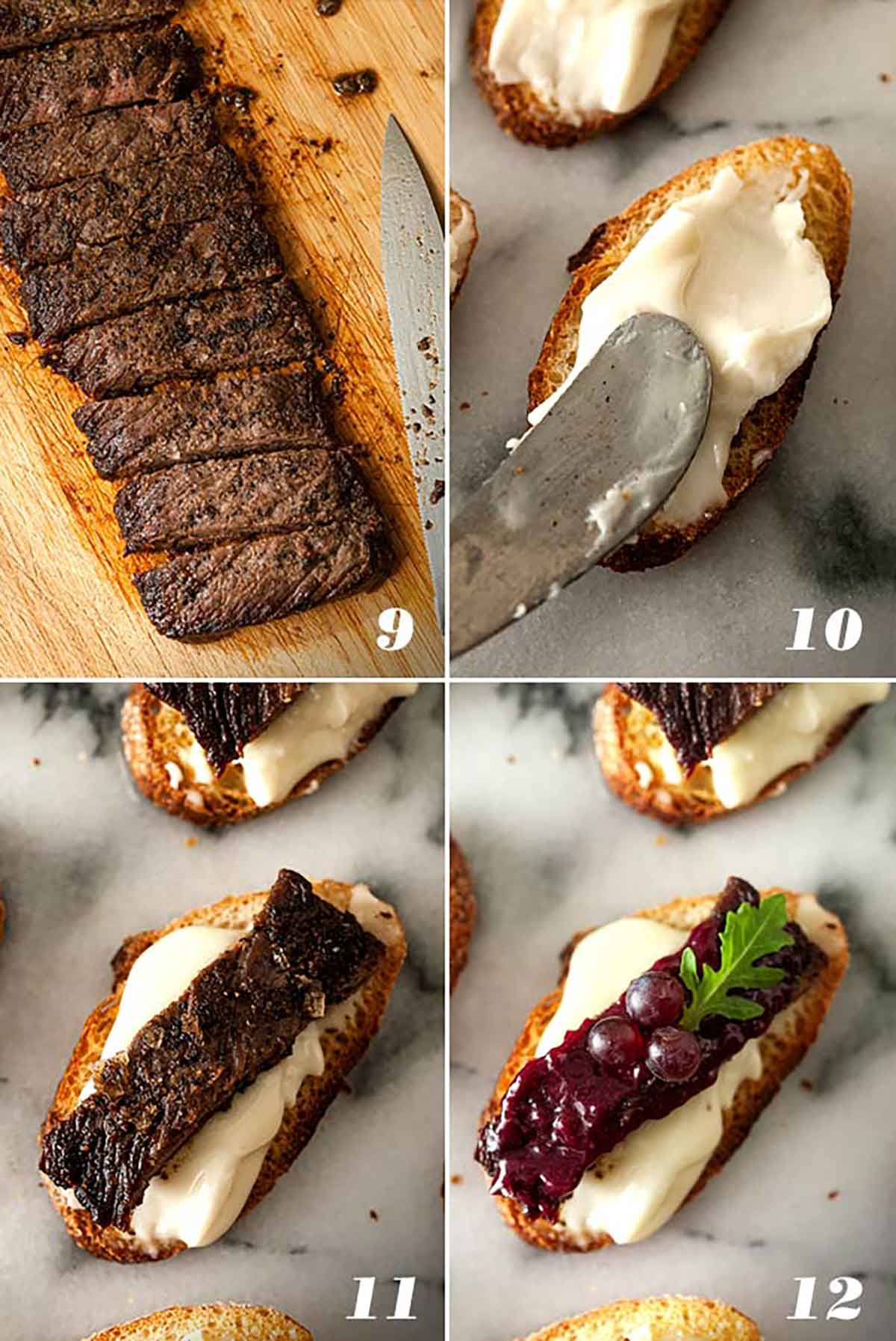 A collage of 4 images showing how to make steak appetizers.