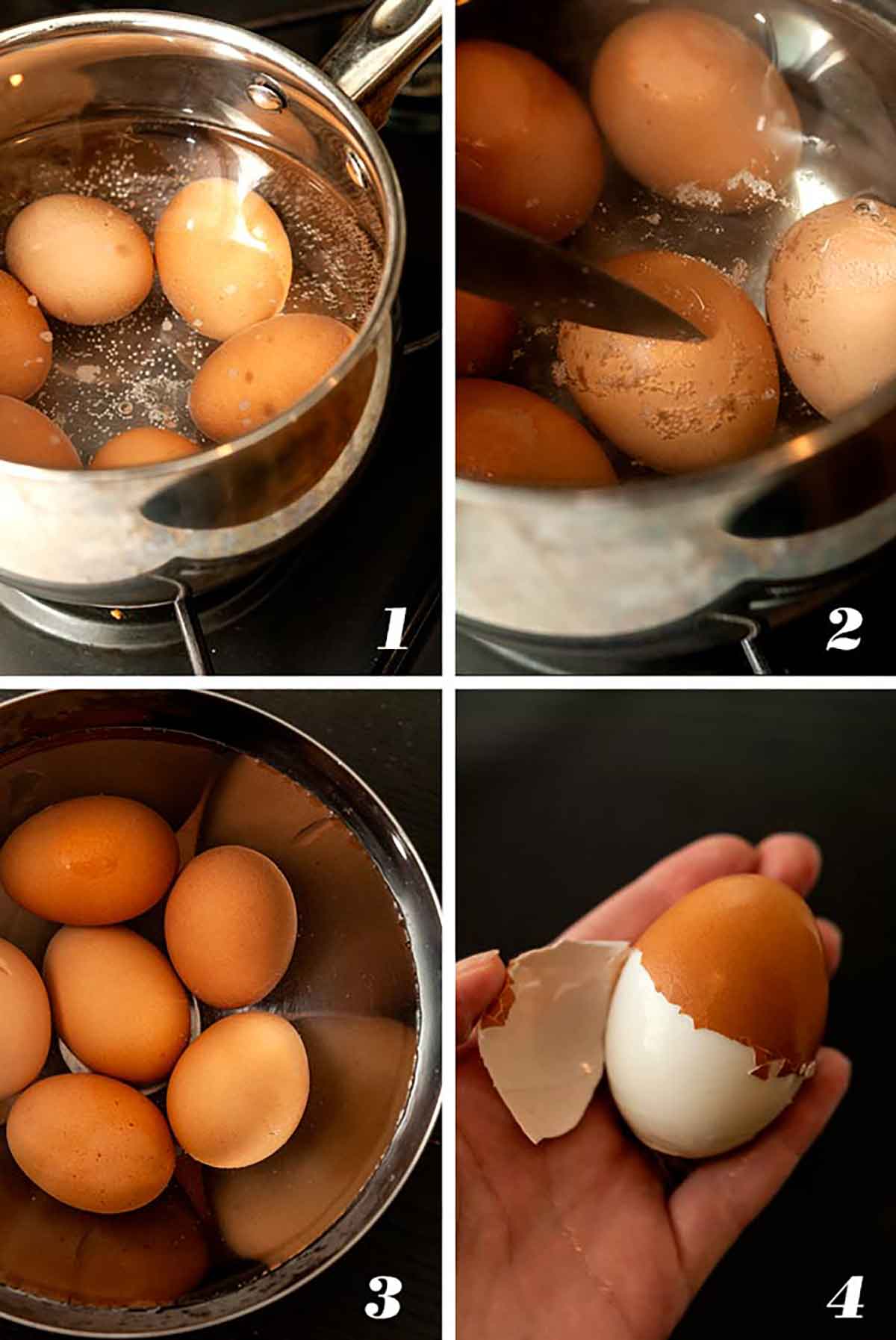 A collage of 4 numbered images showing how to make deviled eyeballs.