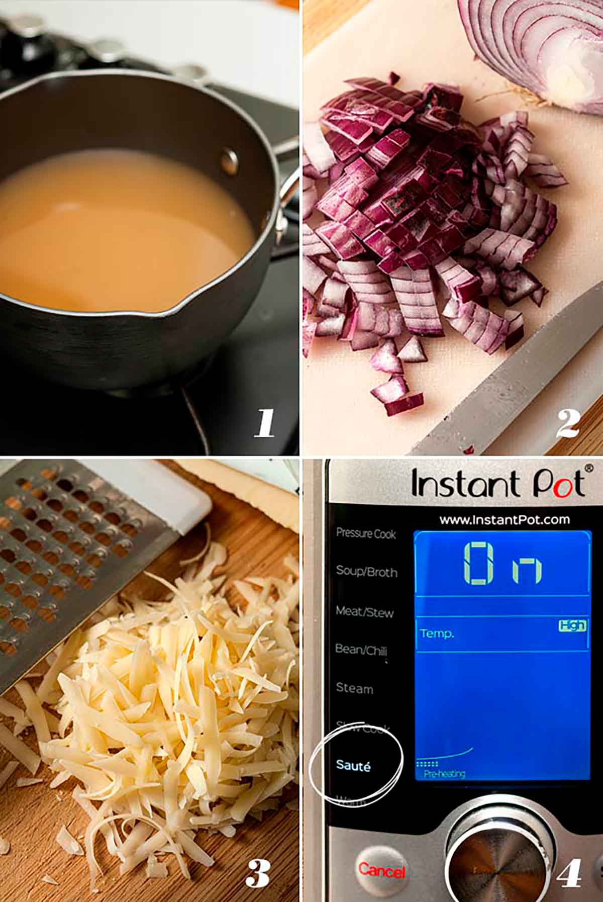 A collage of 4 numbered images showing how to heat broth, dice onion, grate cheese and set pot to sauté.