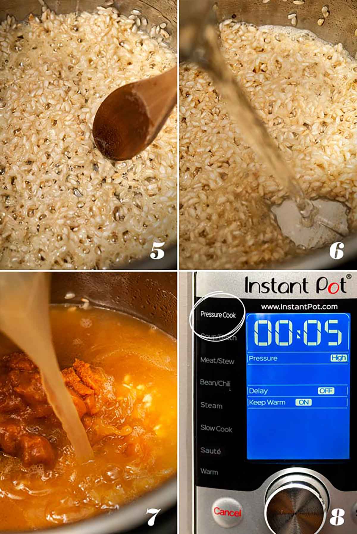 A collage of 4 numbered images showing how to toast risotto, deglaze pot, add ingredients, and set pot to Pressure Cook.