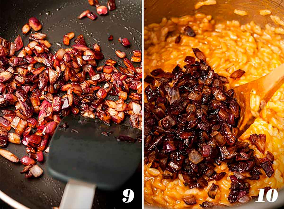 2 numbered images showing how to sauté and caramelize onions, and mix onions into pumpkin risotto.