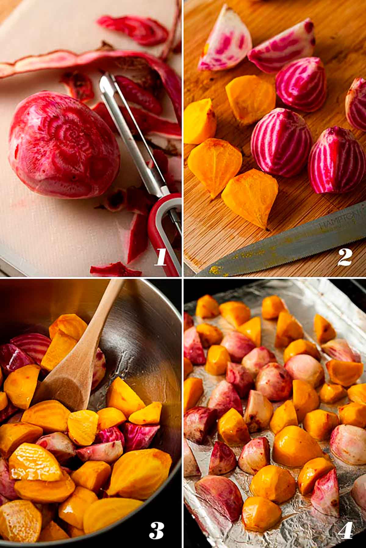 A collage of 4 numbered images showing how to prepare beets for roasting.