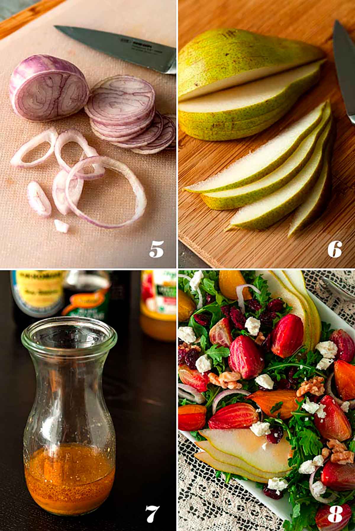 A collage of 4 numbered images showing how to slice vegetables, make vinaigrette and assemble salad.