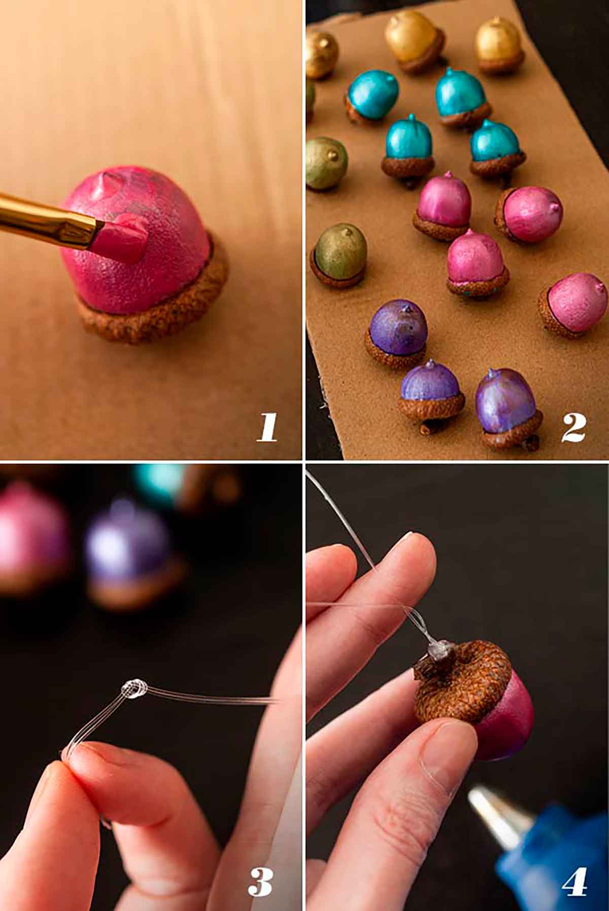 A collage of 4 numbered images showing how to paint acorns and glue string to the caps.