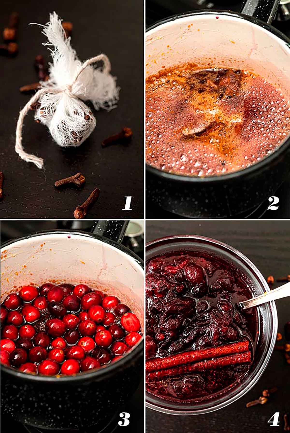 A collage of 4 numbered images showing how to make spiced cabernet cranberry sauce.