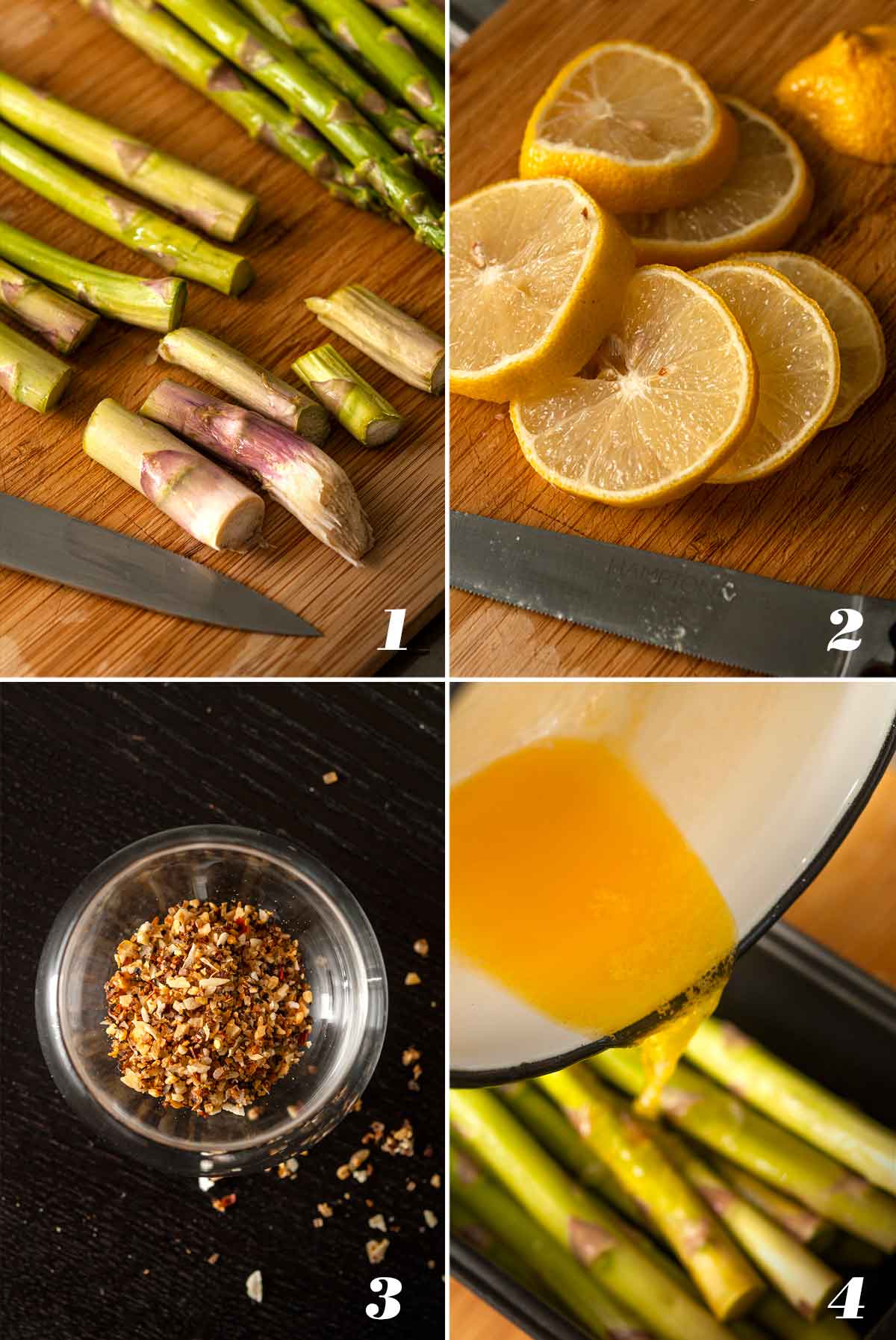 A collage of 4 numbered images showing how to prepare lemon asparagus.