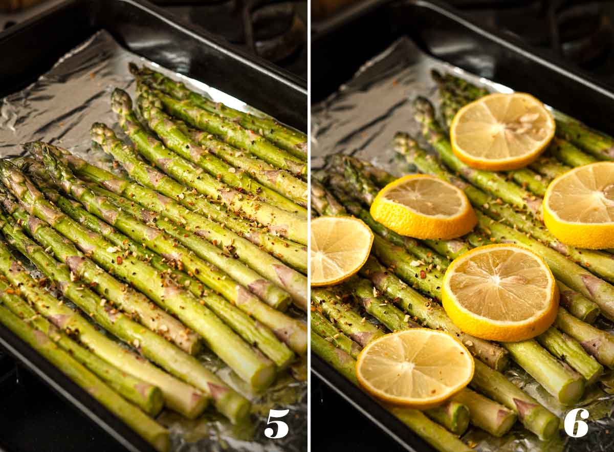 2 numbered images: On the left, asparagus on a pan. On the right: asparagus on a pan with lemon slices.