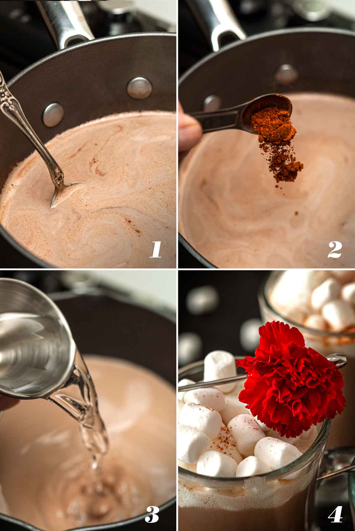 A collage of 4 numbered images showing how to make spicy hot chocolate.