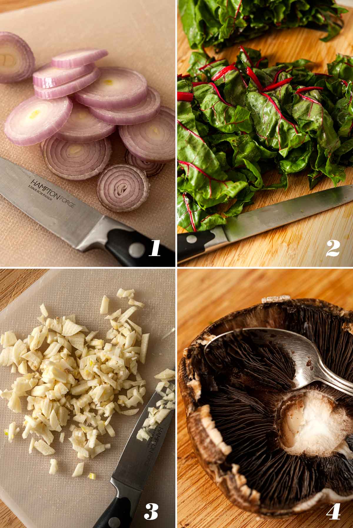 A collage of 4 numbered images showing how to prep vegetables for sautéing.